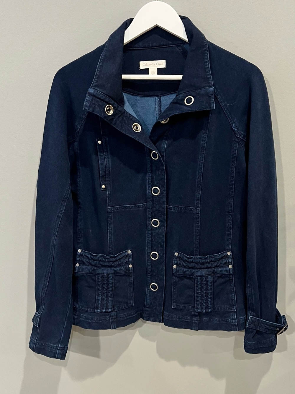 Coldwater Creek Denim Jacket Size M Petite Dark Wash Stretch Utility Snap